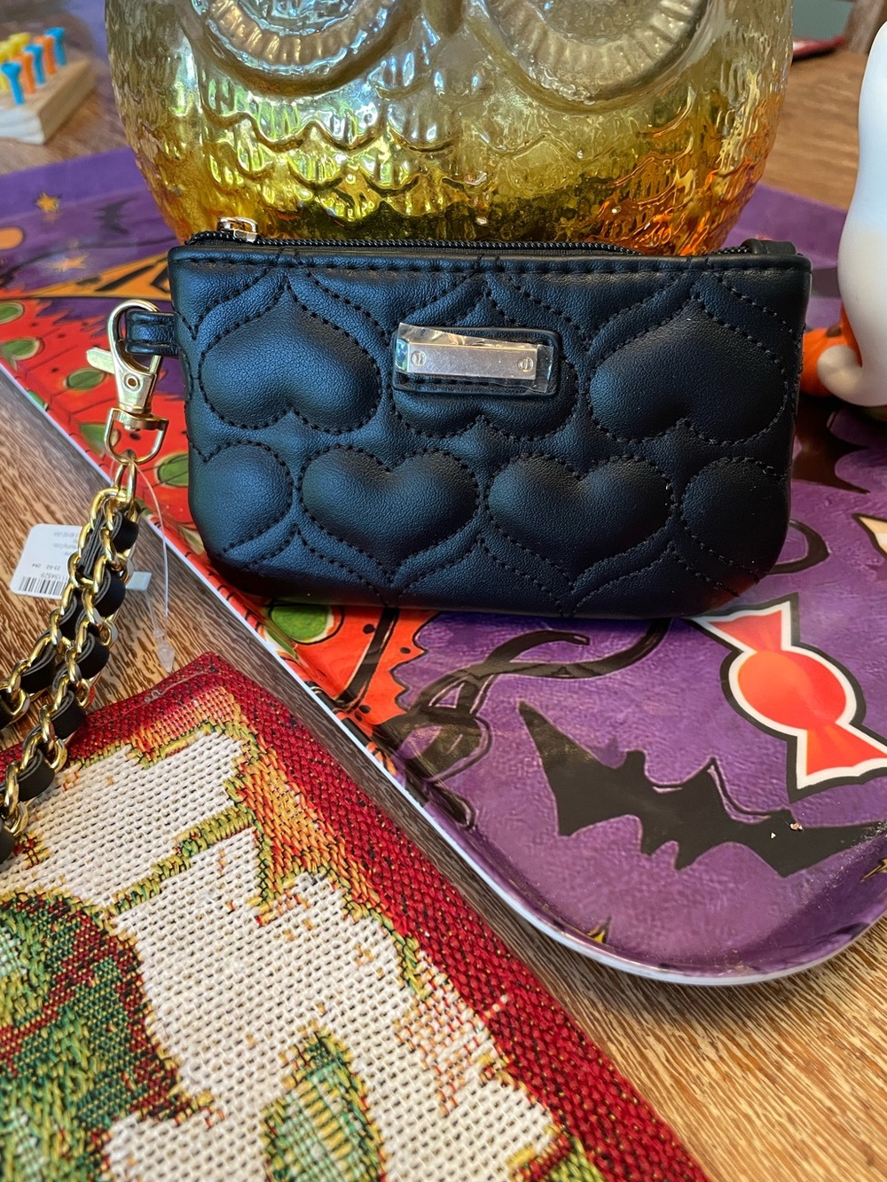 Black Quilted Heart Wristlet Pouch